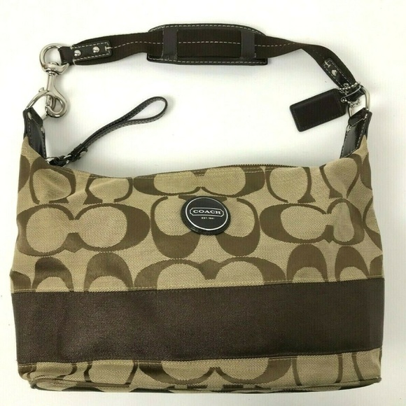 Coach Handbags - COACH Signature Stripe Hobo Brown Leather Trim Bag